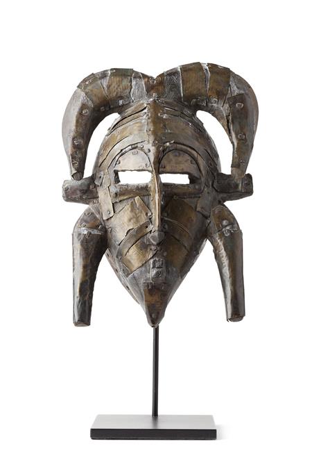 SENUFO CARVED WOOD AND COPPER MOUNTED CEREMONIAL MASK